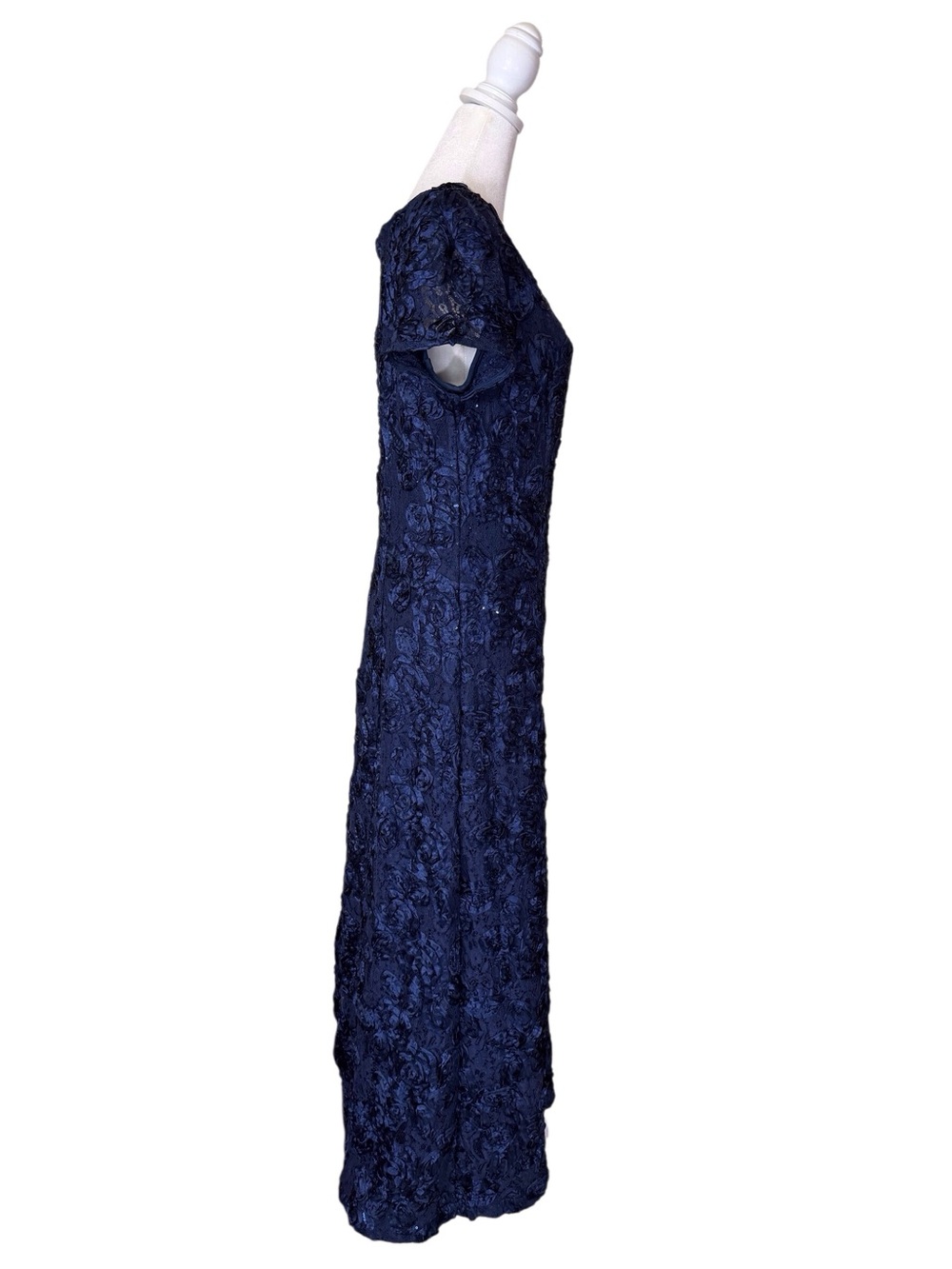 Alex Evenings blue satin sequined rosette maxi formal evening gown women’s sz 12 - Picture 3 of 9